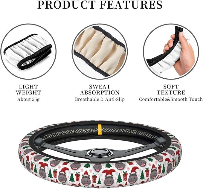 Neoprene Steering Wheel Cover Christmas Hippos with Santa Hats Car Steering Wheel Cover Universal Fit for Most Cars