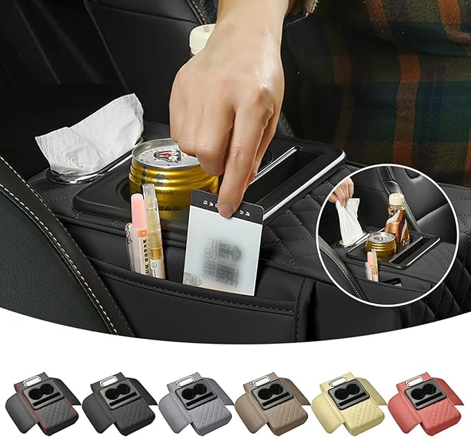 Car Armrest Box Mat, 5-in-1 Center Console Cover Cushion with Cup Holder Tissue Slot, Universal PU Leather Car Box Pad for Sedans Car Accessories Interior Organizers (Multi G07)