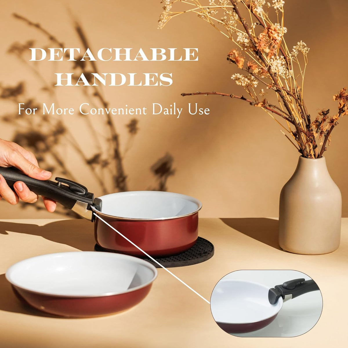 Moss & Stone Aluminum Pots And Pans Set Nonstick, Removable Handle Cookware, Stackable Pots And Pans Set, Dishwasher safe, Induction Pots And Pans, Camping Cookware Set (5 Pcs Burgandy)