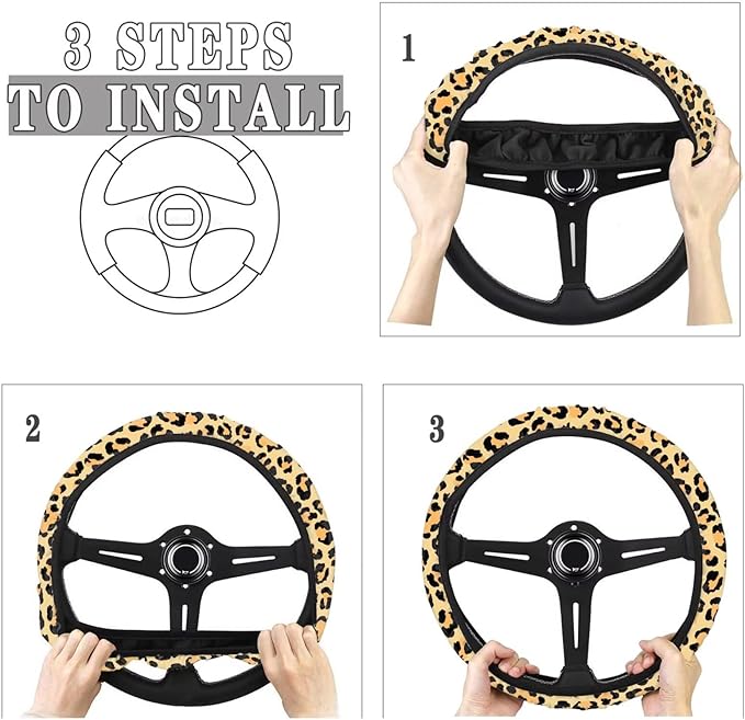 Universal Non-Slip Steering Wheel Cover, 15-inch Polyester Material Driving Accessories, Adjustable for Car and Truck(Retro Yellow Leopard Print)