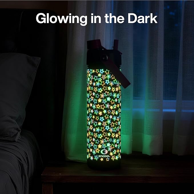 ENCOOL Insulated Water Bottle with Straw Stainless Steel Water Bottle, Glow in the Dark, Leak-Proof, BPA-Free, Keeps Cold for 24 Hours for Sports, Travel, School (26 oz, Neon Starfall)