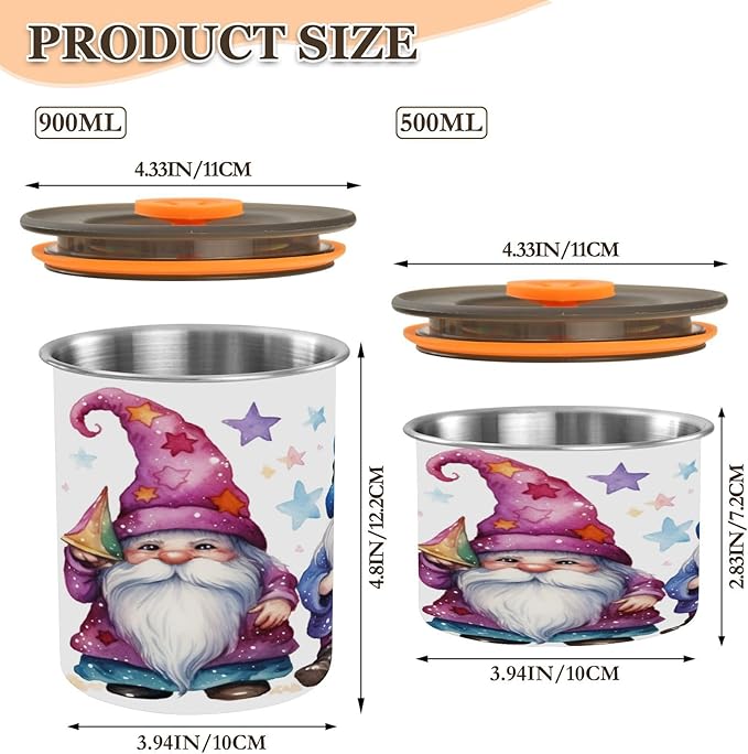 YETTASBIN Cute Gnome Airtight Food Storage Containers 900ml/30oz, Stainless Steel Coffee Canisters with Vacuum-Lock Lid for Kitchen Organization, Coffee Bean, Tea, Sugar, Flour