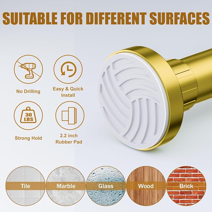 Ausemku Shower Curtain Rod 32-80 Inch Adjustable - 1 Inch Diameter Heavy Duty No drill Spring Tension Shower Rod, Non-Slip Rustproof Telescopic Rod for Bathroom, Gold