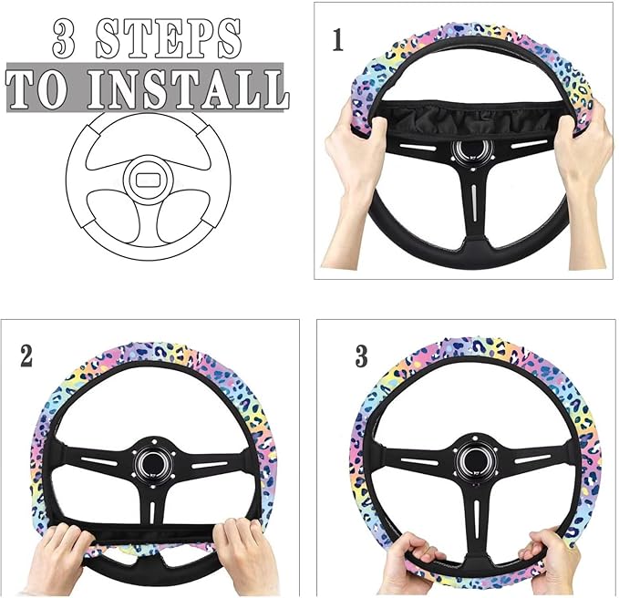 Universal Non-Slip Steering Wheel Cover, 15-inch Polyester Material Driving Accessories, Adjustable for Car and Truck(Dreamy Color Leopard)