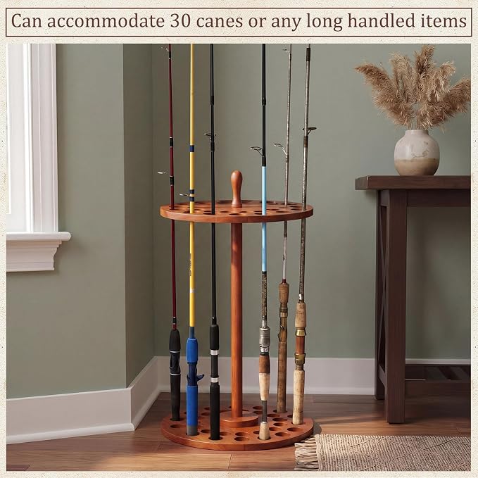Leinuosen Rustic Wooden Walking Cane Stand Rack for 30 Canes, 27.5 Inch Tall Vintage Display Cane Holder Stand for Walking Sticks, Umbrellas, Antique Brown Home Entrance Decoratiion