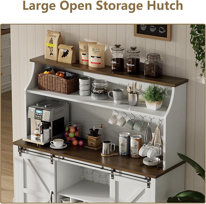 55 Inch Farmhouse Coffee Bar Cabinet with 3-Tier Enclosed Storage Cabinet, Kitchen Hutch with 12 Wine Racks & 3 Glass Holders, Coffee Bar with 6 Hooks, Wood Furniture for Dining Living Room, White