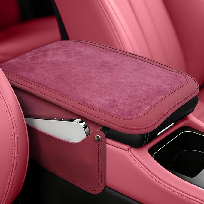SINGARO Car Leather Center Console Cover with 2 Storage Bags, Universal Furry Fluffy Car Armrest Seat Box Pad, Comfortable Car Interior Accessories, Fits for Most Vehicles (Red)