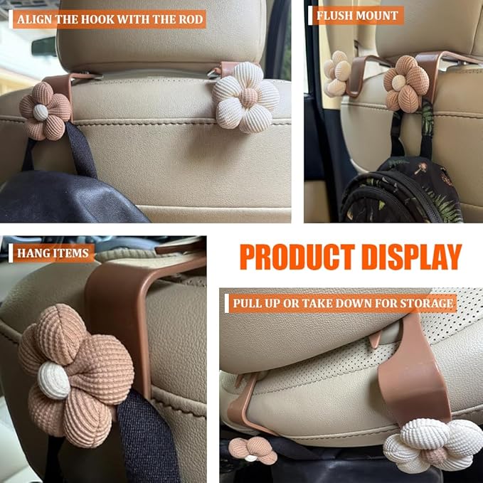 4PCS Car Headrest Hooks, Purse Hook for Car, Cute Flower Auto Backseat Organizer Hanger for Purse Grocery Bag Coat, Auto Seat Back Organizer Storage Hanger Holder Fit Vehicles (White/Beige)