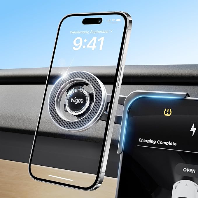 Wigoo Tesla Phone Mount for Tesla【Strongest Magnetic Power, No Blocking View】 Screen Phone Holder, Tesla Model 3/Y/X/S Accessories Fits for All iPhone & Android Phones with Magnetic Ring