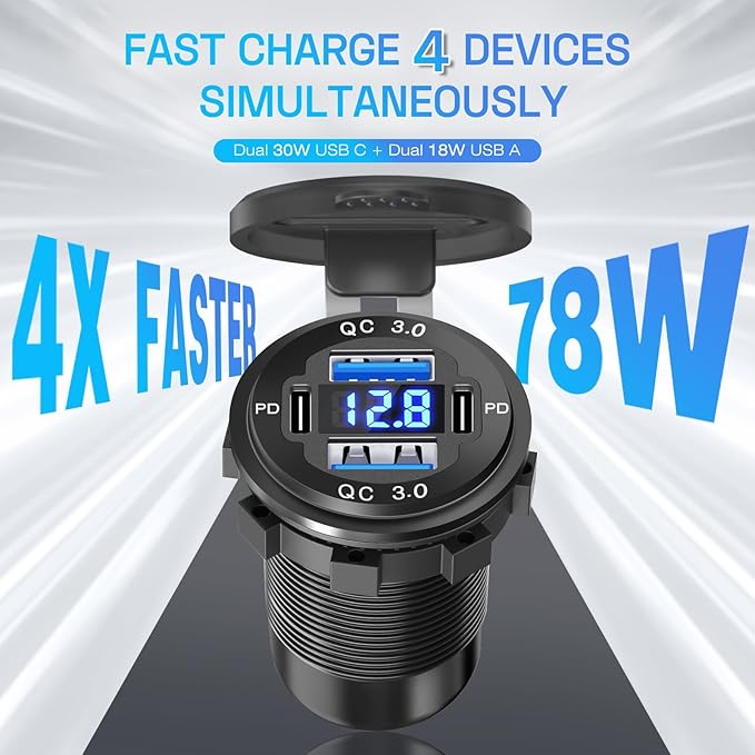 2Pcs 12V/24V Outlet with Voltmeter, Quick Charge 3.0 Dual USB Power Outlet, Waterproof Fast Charge USB Charger Socket DIY Kit for Car Boat Marine (2 Pack)