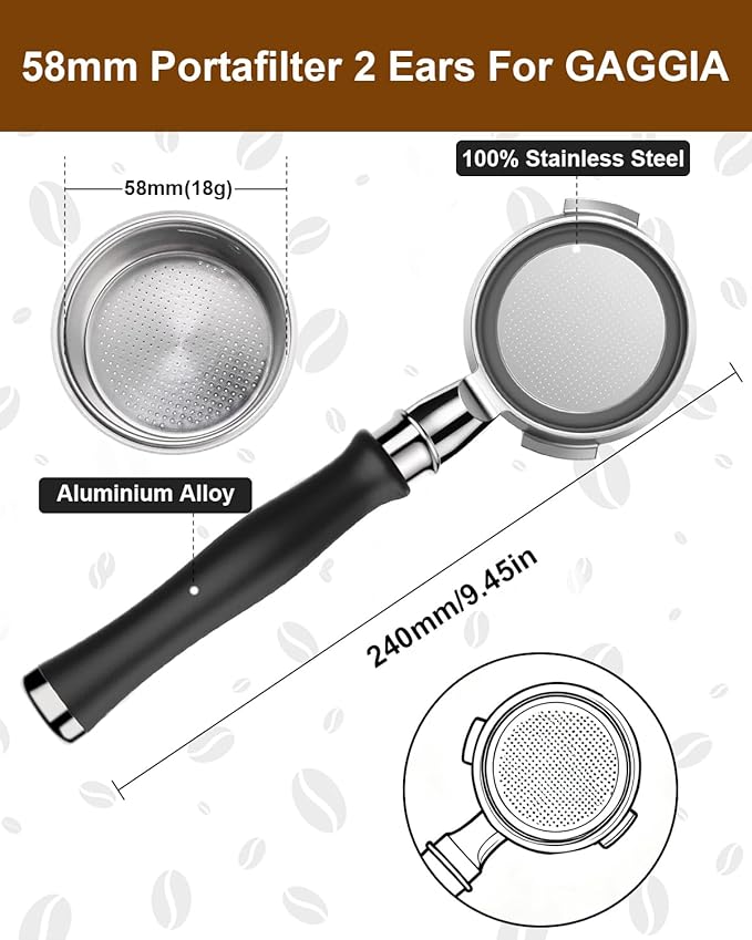 58mm Bottomless Portafilter For Gaggia, 2 Ears Flat Naked Portafilter Fits Gaggia Espresso Coffee Machines with Anodized Aluminum Handle, Stainless Steel Head,18g Filter Basket, Puck Screen Included