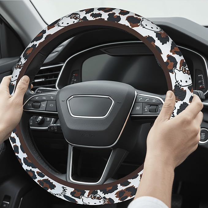 Cute Steering Wheel Cover for Women, Machine Washable Universal 14.5-15.5 inch Non-Slip Grip All Weather Use (Brown Leopard Cats)
