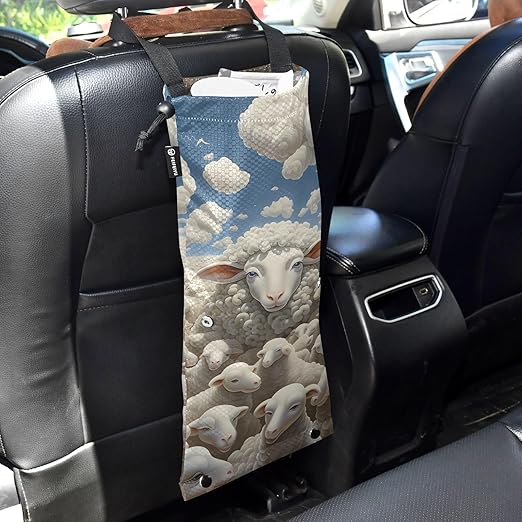ALAZA Hanging Car Trash Bags Garbage Bag Trash Can for Back Seat Small Sheep 2 Washable Storage Bag Retractable 2 Pack