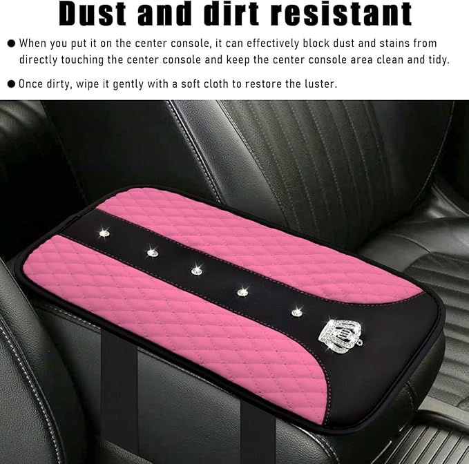 Bling Crown Car Center Console Mats, Anti-Slip and Waterproof Crystal Car Armrest Pad Protector, Universal Rustproof Armrest Decor Cushion for Cars & SUVs, Car Accessories (Pink)