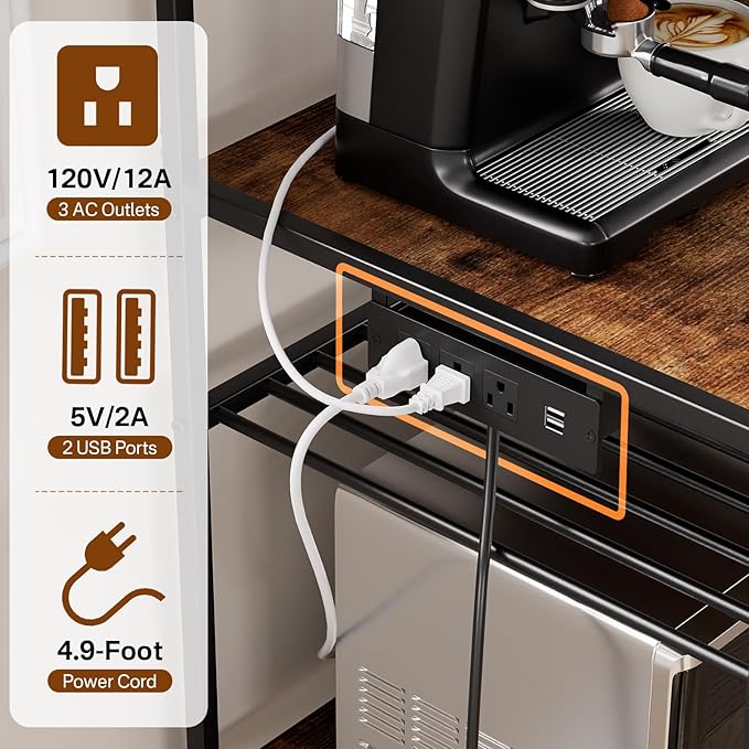 Portin Kitchen Shelf Bakers Rack with Power Outlet, Mini Fridge and Microwave Stand Coffee Bar Table with S-Hooks, Storage Shelf Rack for Spices, Pots and Pans - Rustic Brown