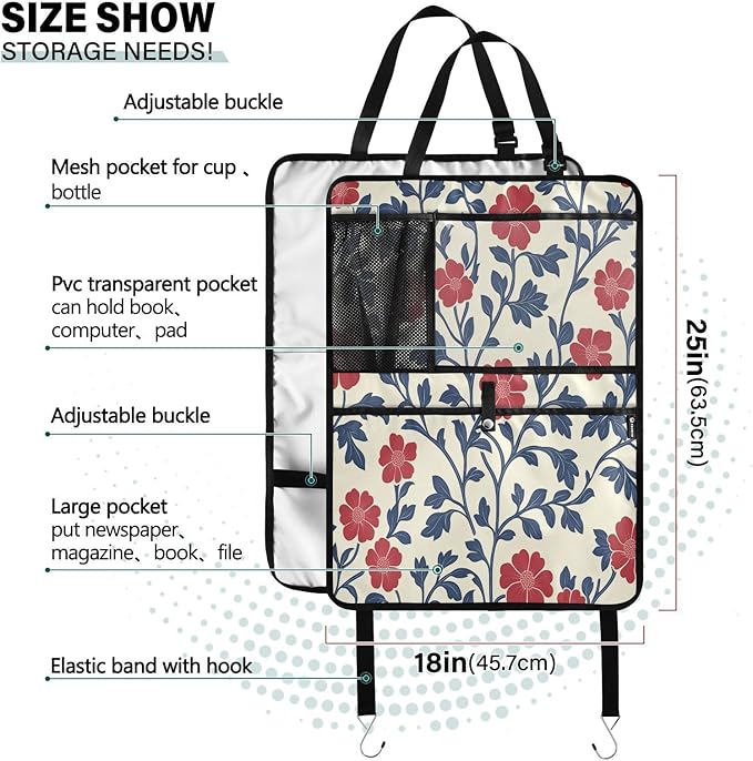 Red and Blue Floral Pattern 2 Pack Multifunctional Car Seat Back Organizer, Backseat Kick Protectors Vehicle Storage Bag with Tablet Holder