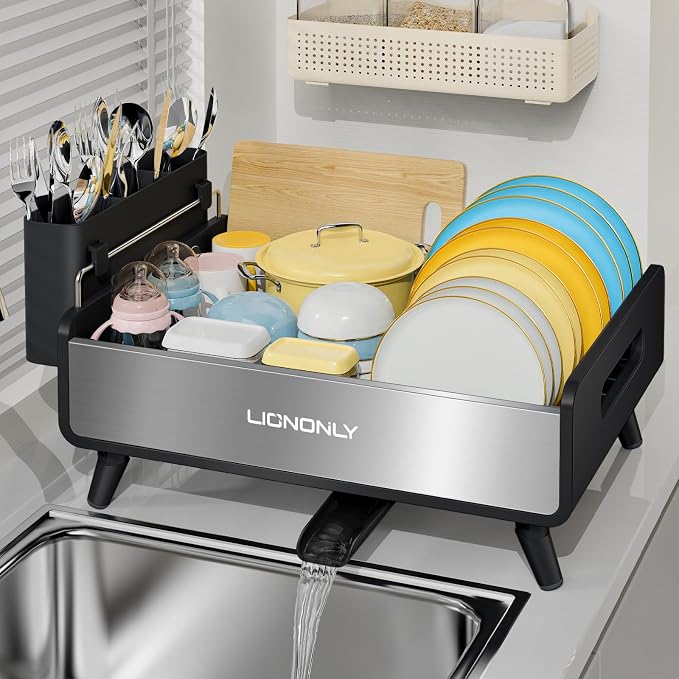 Dish Drying Rack, Thicker Premium Aluminum Frame and 304 Stainless Steel Plate Rack for Kitchen Counter, Automatic Drainage Spout, Dish Drainer & Drainboard Set with Utensil Holder, Black