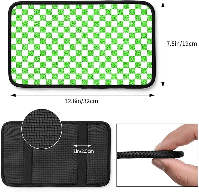 Glitter Green White Checkered Chessboard Flag Car Armrest Pad Cute Cars Center Console Cover Auto Handrail Box Cushion Armrests Cover