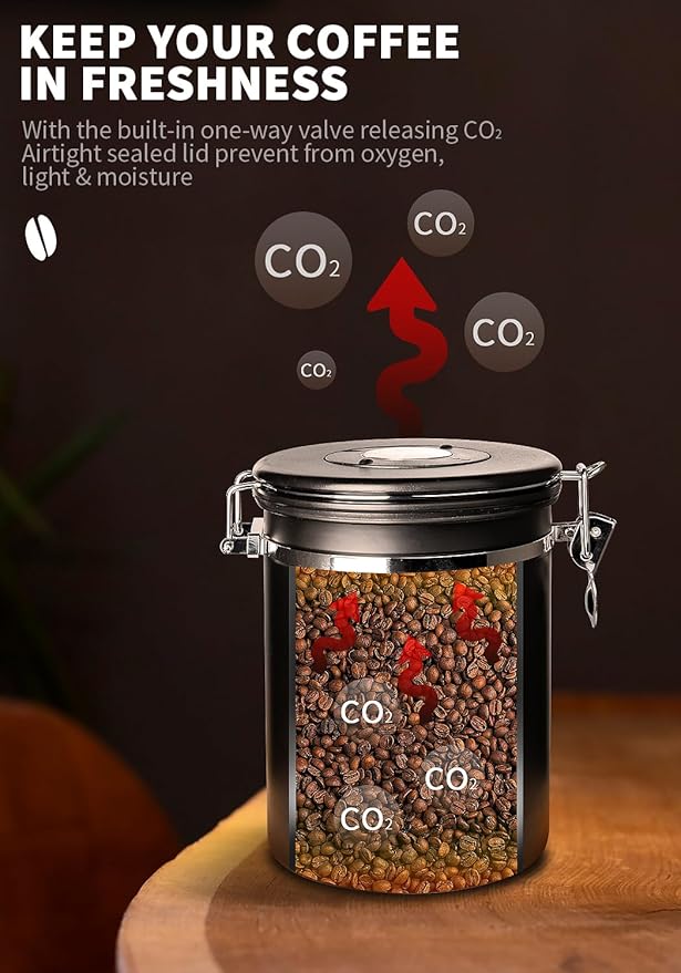 INFTYLE Coffee Canister with Airtight Lid, 22oz, 60 fl oz White, Stainless Steel Air Tight Lid Container with Date Tracker and Scoop Food Storage Jar for Coffee Bean (Black)