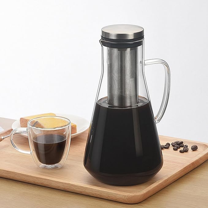 1600ML Mason Jar Pitcher with Stainless Steel Filter, Cold Brew Coffee Maker, Pour Spout Handle Lid, Airtight Leak Proof, Designed for Durability, Smoother and Rich Coffee Flavor