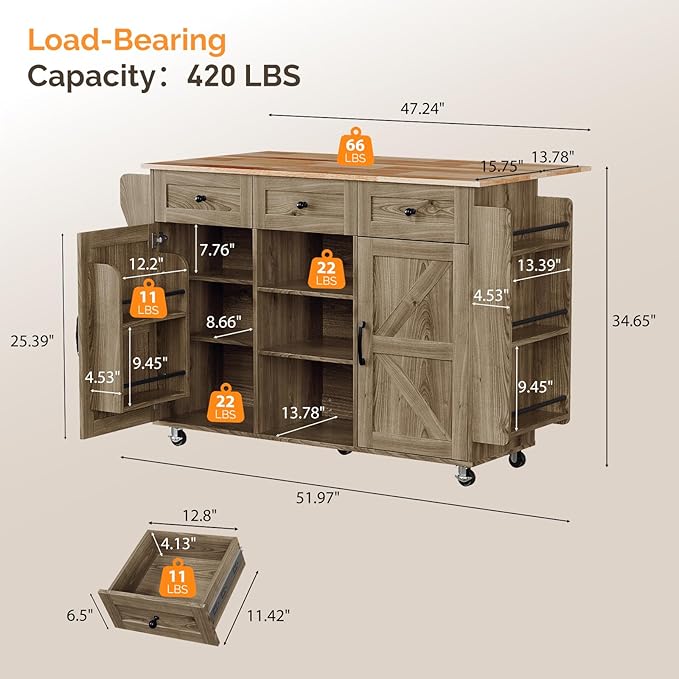 VINGLI Kitchen Island with Storage, 52" Rolling Kitchen Cart with 3 Drawers & Shelves, Drop Leaf Design, Mobile Island with Barn Doors, Towel & Spice Rack for Kitchen & Dining, Grey Brown Oak