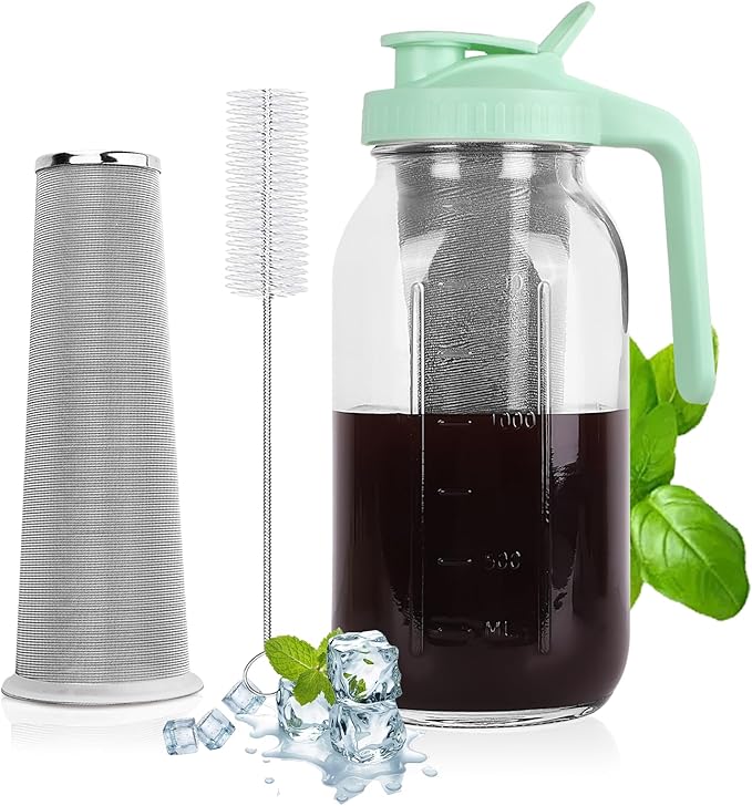 Cold Brew Coffee Maker - 64 Oz Heavy-Duty Glass Mason Jar Pitcher with Stainless Steel Filter, Leak-Proof Lid, Ergonomic Handle & Precision Pour Spout – Ideal for Iced Coffee, Tea, Cold Brew (Green)