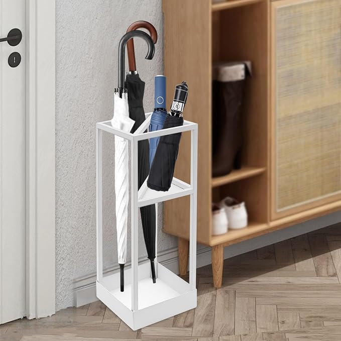 Umbrella Rack for Entryway, Modern Metal 20.87in Tall Freestanding Umbrella Holder with Built-in Shelf, Compact Storage for Long&Short Stick Rain Umbrellas and Walking Canes (White)