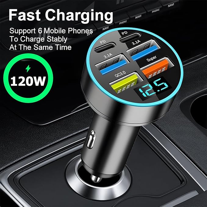 Super Fast Car Phone Charger, 6 in 1 USB Auto Charge Adapter with Voltage Monitor, Vehicle Interior Cigarette Lighter Charging Accessories, Universal for SUV Sedan Truck(2xType C)