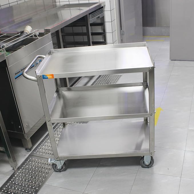 Treshin 3 Tier Stainless Steel Utility Cart Commercial Heavy Duty Rolling Cart Food Storage Service Trolley with Handle and Wheels for Kitchen Restaurant Hospital Lab and Hotel 19" W x 31" L x 34" H
