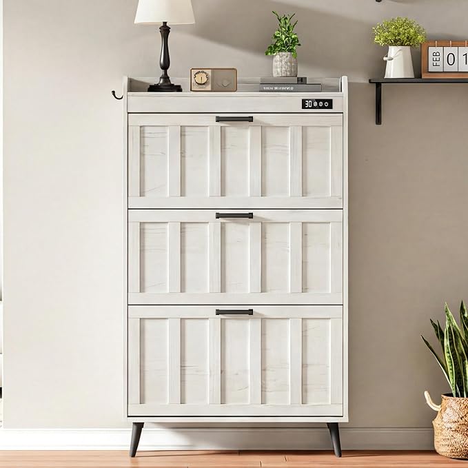 ChooChoo Shoe Storage Cabinet with 3 Flip Drawers, Deodorizing Shoe Organizer Storage for Entryway, Freestanding Hidden Slim Narrow Shoe Rack Cabinet, Antique White