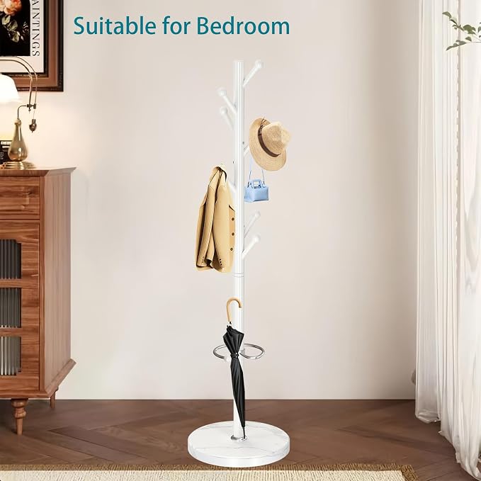 OIRUMIE Coat Rack with Natural Marble Base, Metal Coat Racks Freestanding, Modern Coat Rack Stand with 8 Hooks& Umbrella Holder, White Coat Clothes Tree Hats Hanger Stand for Entryway, Hallway