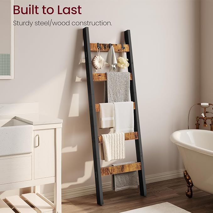 Foldable Blanket Ladder, 5-Tier Ladder Shelf, Decorative Ladder with 5 Removable Hooks, Wall-Leaning Blanket Holder for Towel, Scarves, Quilt Display Rack for Living Room, Rustic Brown