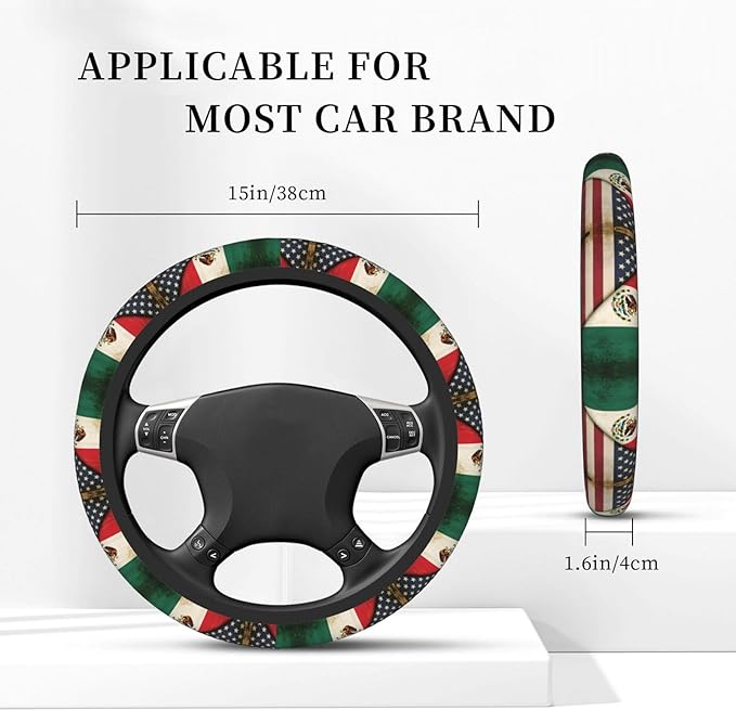 Mexican America Flag Print Universal Fit Steering Wheel Cover for Car, Truck, and SUV, Durable Steering Wheel Protection