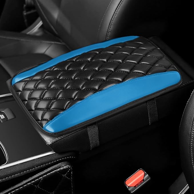 Car Center Console Cover, Leather Waterproof Armrest Seat Box Cushion Pad, Universal Decor Protector Mat, Comfortable Car Decor Accessories Fit for Most Cars, Vehicles, SUVs (Blue)