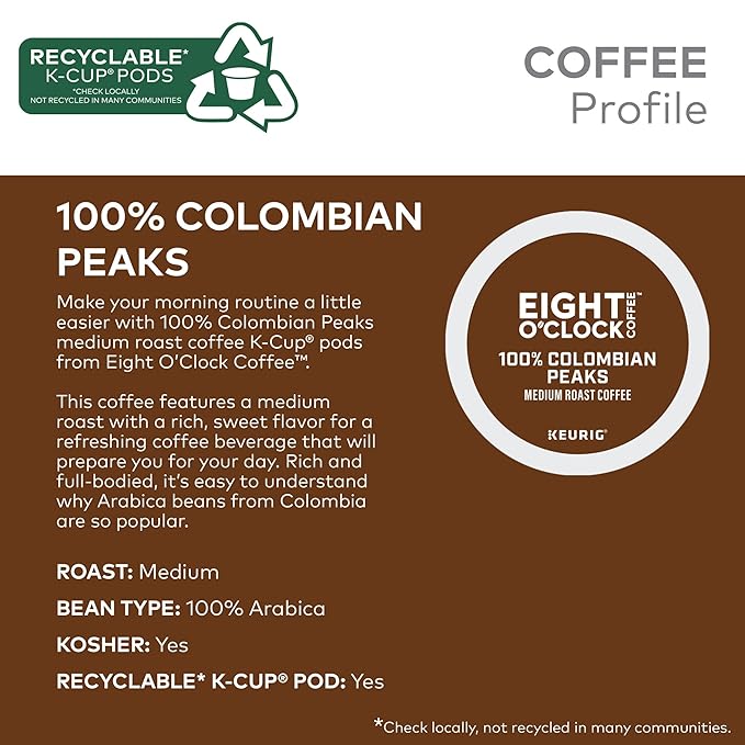 Eight O'Clock Coffee Colombian Peaks Single-Serve Keurig K-Cup Pods, Medium Roast Coffee Pods, 32 Count