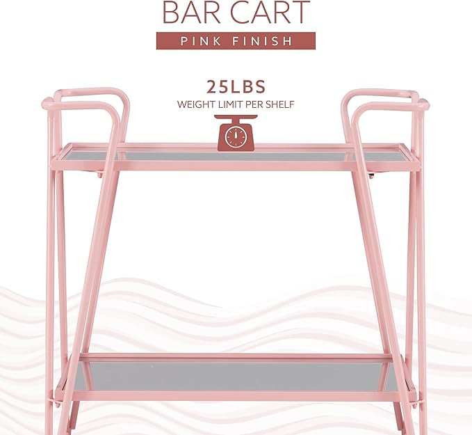 Gina Pink Mid-Century Bar Cart with Mirrored Shelves and Locking Wheels by Linon