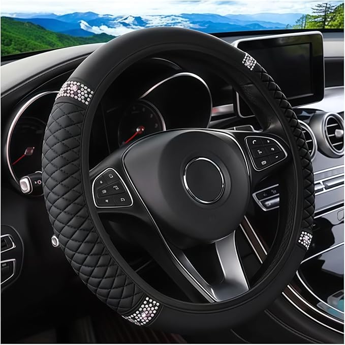 Bling Car Steering Wheel Cover, 15 Inch Crystal Rhinestone Elastic Stretch Leather Steering Wheel Protector, Vehicle Decor Accessories for Women Girls, Universal for RV, SUV, Truck (Black)