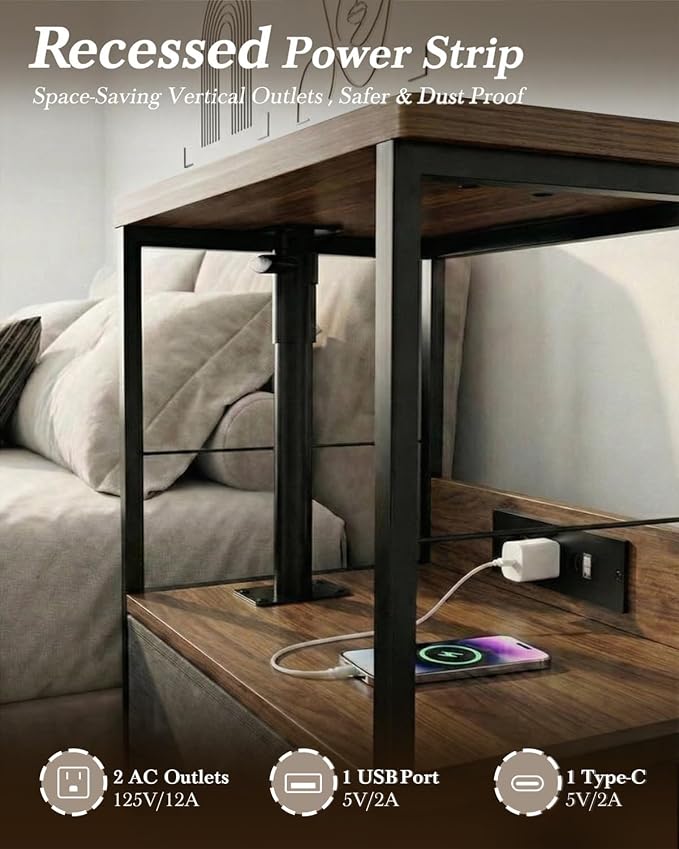Faesun Swivel Lift Top Nightstand with Charging Station, Rolling Night Stand with Fabric Drawer, Adjustable Bedside Table for Bedroom, Living Room, Walnut Gray, Pro