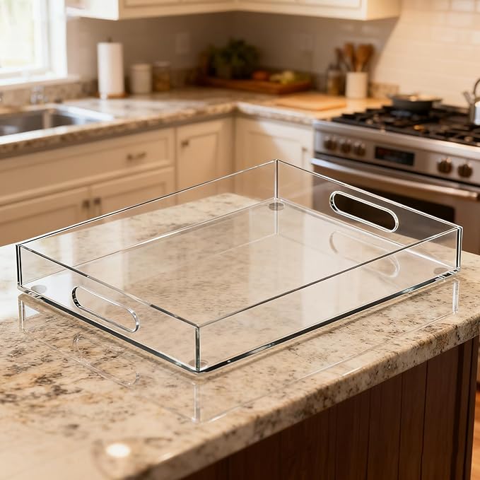 16x12 Inch Clear Acrylic Serving Tray for Display and Organizing A Decorative Tray with Handle Easy to Carry Use Kitchen Serving Trays Bathtub Tray Living Room Storage Tray Life Storage Tray