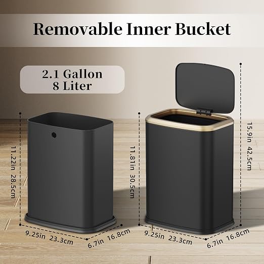 2.1 Gallon Bathroom Trash Can with Lid Press Top, 8 Liter Stainless Steel Garbage Can with Press Type Lid, Slim Trash Bin Waste Basket for Toilet, Office, Bedroom, Living Room (Black)
