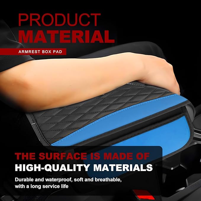 Leather Car Center Console Cover with Side Storage Pockets, Universal Leather Waterproof Armrest Pad Protector & Organizer for Cars, Vehicles, SUVs Interior Decor Stylish Car Decoration(Blue)