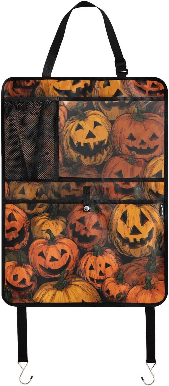 2 Pack Back Seat Car Organizer with Storage Pockets Kick Mats Back Seat Protector Hanging Car Organizer Automotive Seat Back Cover Organizers Cartoon Orange Halloween Pumpkin Lanterns