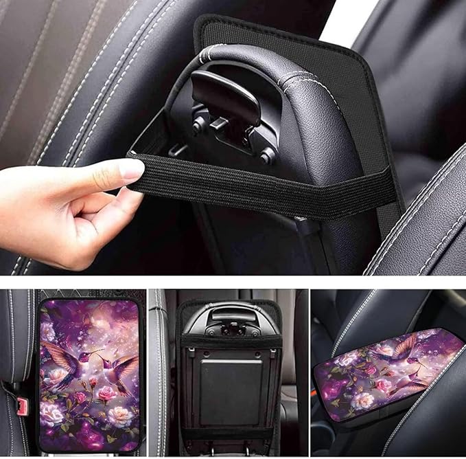 Purple Hummingbird Floral Print Auto Center Console Cover Arm Rest Cover for SUV Truck,Soft Car Arm Rest Cover Universal Fit