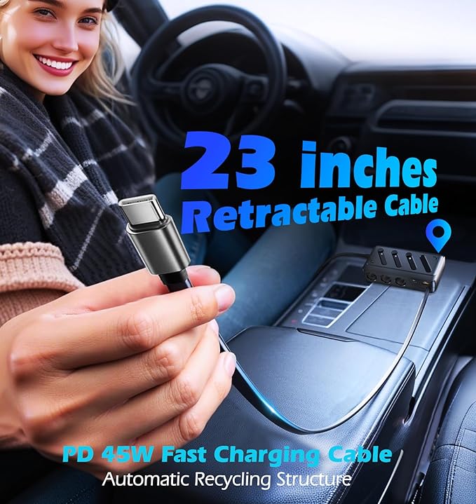 LIHAN Cigarette Lighter Splitter with Retractable Type-C Cable, 3 Sockets & 3 USB Ports (PD45W+QC),12V/24V Car Charger Adapter, LED Voltage Display & Independent Switch for Vehicles/RV/SUV/Truck