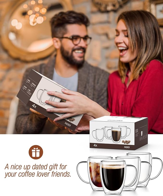 Double Walled Glass Coffee Mugs Set of 2, 12.5OZ Hand Blown Insulated Clear Glass Coffee Cups with Handle,Perfect for Latte,Cappuccino, Espresso, American,Tea Bag, Beverage