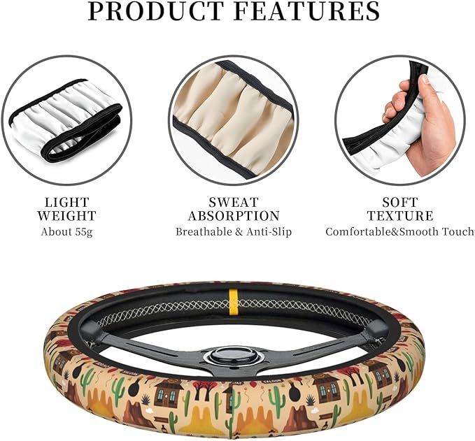 Cowboy Art Saloon Patttern Universal Fit Steering Wheel Cover for Car, Truck, and SUV, Durable Steering Wheel Protection