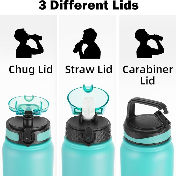 Oldley Insulated 32 oz Stainless Steel Water Bottle with Straw Lid & Chug Lid, Double Wall Vacuum Wide Mouth Sweat/Leak-Proof for Sports, Gym, Travel, Camping (Green-Purple)