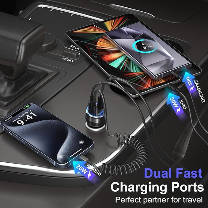 3 Pack 65W Multi Port 12V USB C & USB A Car Charger Adapter with 5 Pack Coiled USB Type C Coiled Cable Compatible for iPhone, Galaxy, Google and Other Android Devices
