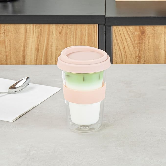 Restaurantware Glass Travel Mug 1 Count 14 Ounce Double Wall Borosilicate Reusable Coffee Cup, Spill-Resistant Tan Silicone Lid, Clear Drinkware Mug for Hot and Cold Beverages