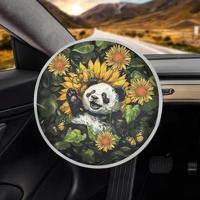 Retro Panda Sunflower Leaf Pattern Steering Wheel Sunshade Cover for SUV Truck Van Car Steering Wheel Sunblock Cover Car Steering Wheel Cover Car Interior Accessories